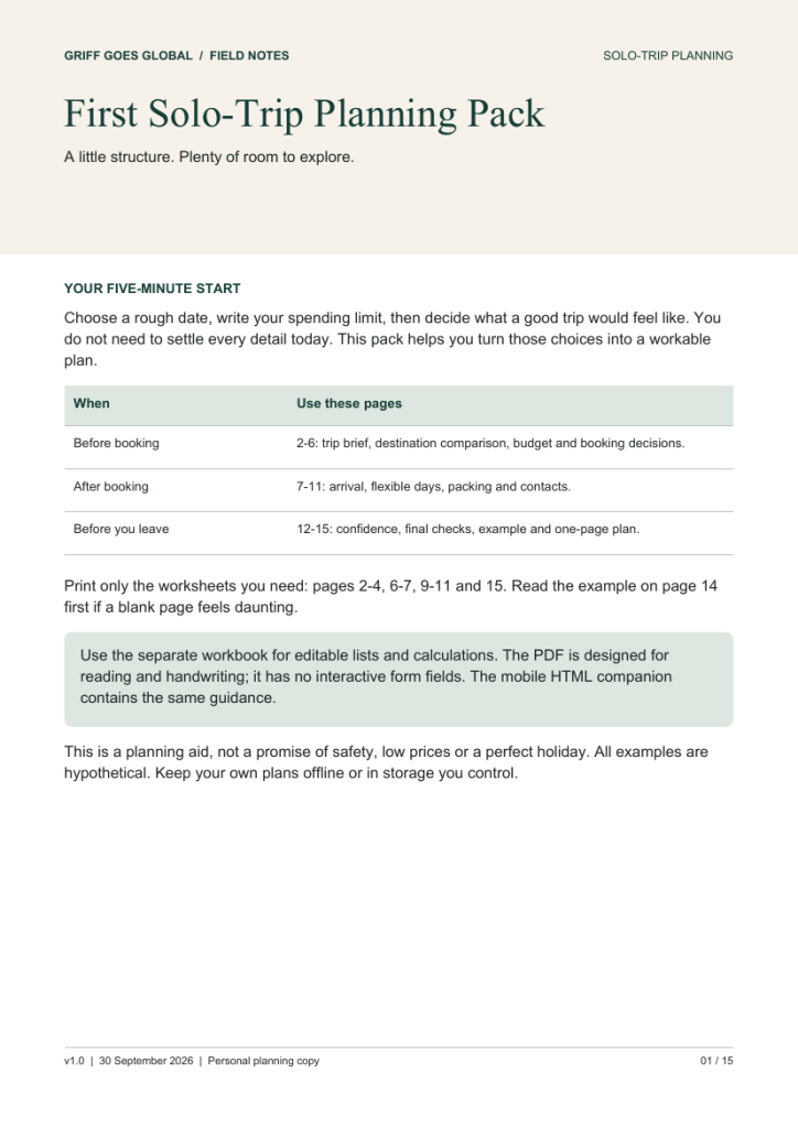 The PDF cover — First Solo-Trip Planning Pack